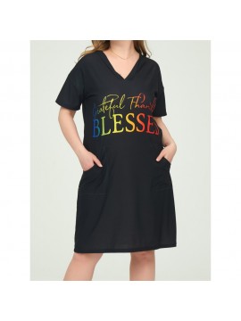 Plus Size Casual Dress, Women's Plus Ombre Letter Print Short Sleeve V Neck Medium Stretch Loose Fit Dress With Pockets