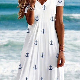 Plus Size Casual Dress, Women's Plus Anchor Print Floral Trim Short Sleeve V Neck Dress