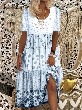 Chic Plus Size Colorblock Dress - Floral Print & Short Sleeve - Soft-Stretch Fabric for Casual Wear