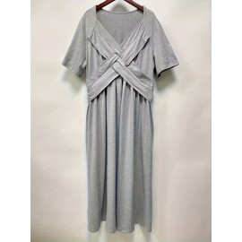 Plus Size Solid V Neck Dress, Casual Criss Cross Short Sleeve Dress For Spring & Summer, Women's Plus Size Clothing