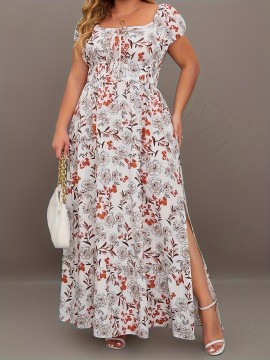 Plus Size Elegant Dress, Women's Plus Floral Print Puff Sleeve Tie Front Square Neck Side Split Maxi Dress
