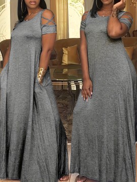 Plus Size Cutout Solid Side Cross Dress, Casual Crew Neck Short Sleeve Ankle Dress, Women's Plus Size Clothing