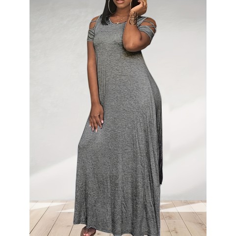 Plus Size Cutout Solid Side Cross Dress, Casual Crew Neck Short Sleeve Ankle Dress, Women's Plus Size Clothing