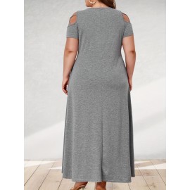 Plus Size Cutout Solid Side Cross Dress, Casual Crew Neck Short Sleeve Ankle Dress, Women's Plus Size Clothing