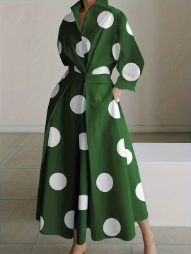 Plus Size Chic Dot Print Maxi Dress - Flattering Long Sleeves & Lapel Collar - Comfortable Stretch for Elegant Style - Perfect Womens Plus Shirt Dress