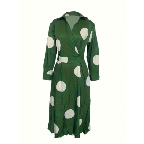 Plus Size Chic Dot Print Maxi Dress - Flattering Long Sleeves & Lapel Collar - Comfortable Stretch for Elegant Style - Perfect Womens Plus Shirt Dress