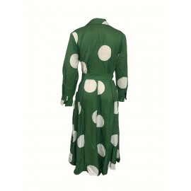 Plus Size Chic Dot Print Maxi Dress - Flattering Long Sleeves & Lapel Collar - Comfortable Stretch for Elegant Style - Perfect Womens Plus Shirt Dress