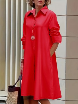 Plus Size Casual Dress, Women's Plus Solid Button Up Long Sleeve Turn Down Collar Shirt Dress