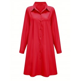 Plus Size Casual Dress, Women's Plus Solid Button Up Long Sleeve Turn Down Collar Shirt Dress