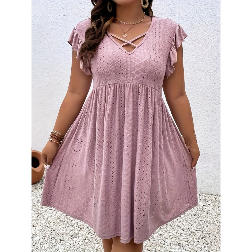 Plus Size Jacquard Cross Front Dress, Casual Eyelet Ruffle Sleeve Dress, Women's Plus Size Clothing Wedding graduation engagement occasion ceremony party holiday vacation birthday