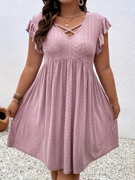 Plus Size Jacquard Cross Front Dress, Casual Eyelet Ruffle Sleeve Dress, Women's Plus Size Clothing Wedding graduation engagement occasion ceremony party holiday vacation birthday