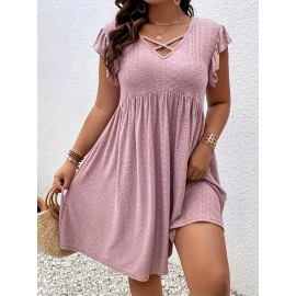 Plus Size Jacquard Cross Front Dress, Casual Eyelet Ruffle Sleeve Dress, Women's Plus Size Clothing Wedding graduation engagement occasion ceremony party holiday vacation birthday