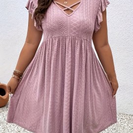 Plus Size Jacquard Cross Front Dress, Casual Eyelet Ruffle Sleeve Dress, Women's Plus Size Clothing Wedding graduation engagement occasion ceremony party holiday vacation birthday