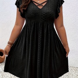 Plus Size Jacquard Cross Front Dress, Casual Eyelet Ruffle Sleeve Dress, Women's Plus Size Clothing Wedding graduation engagement occasion ceremony party holiday vacation birthday