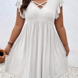 Plus Size Jacquard Cross Front Dress, Casual Eyelet Ruffle Sleeve Dress, Women's Plus Size Clothing Wedding graduation engagement occasion ceremony party holiday vacation birthday