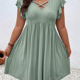 Plus Size Jacquard Cross Front Dress, Casual Eyelet Ruffle Sleeve Dress, Women's Plus Size Clothing Wedding graduation engagement occasion ceremony party holiday vacation birthday