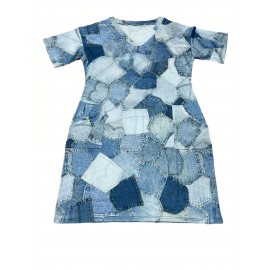 Plus Size Womens Denim-Inspired Dress - Fashionable & Comfortable V Neck Design with Slight Stretch and Handy Pockets for a Flattering Casual Look