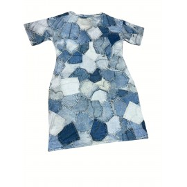Plus Size Womens Denim-Inspired Dress - Fashionable & Comfortable V Neck Design with Slight Stretch and Handy Pockets for a Flattering Casual Look