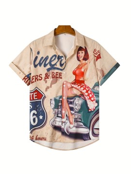 Creative Car & Beauty Pattern Men's Short Sleeve Casual Shirt - Streetwear for Daily Vacation