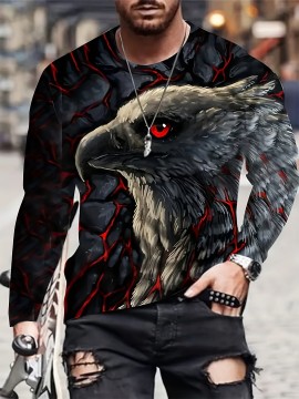 Unique Eagle Pattern Print, Men's Graphic Design Crew Neck Active T-shirt, Casual Comfy Long Sleeve Tshirts, Men's Clothing Tops For Daily Gym Workout Running
