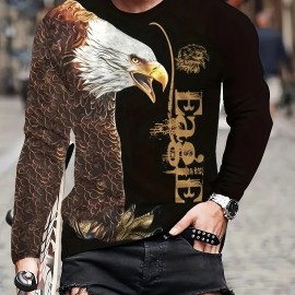 Unique Eagle Pattern Print, Men's Graphic Design Crew Neck Active T-shirt, Casual Comfy Long Sleeve Tshirts, Men's Clothing Tops For Daily Gym Workout Running