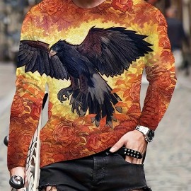 Unique Eagle Pattern Print, Men's Graphic Design Crew Neck Active T-shirt, Casual Comfy Long Sleeve Tshirts, Men's Clothing Tops For Daily Gym Workout Running