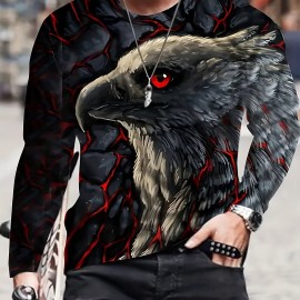 Unique Eagle Pattern Print, Men's Graphic Design Crew Neck Active T-shirt, Casual Comfy Long Sleeve Tshirts, Men's Clothing Tops For Daily Gym Workout Running
