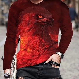 Unique Eagle Pattern Print, Men's Graphic Design Crew Neck Active T-shirt, Casual Comfy Long Sleeve Tshirts, Men's Clothing Tops For Daily Gym Workout Running
