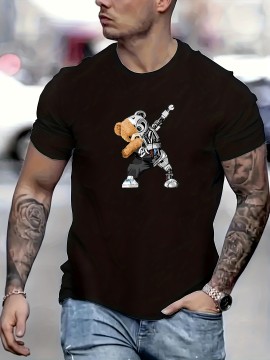 Men's Casual Street Style Robot Bear Pattern T-shirt - Stretch Round Neck Tee Shirt for Summer
