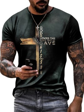 Cross Print, Men's Graphic Design Crew Neck Active T-shirt, Casual Comfy Tees Tshirts For Summer, Men's Clothing Tops For Daily Gym Workout Running, Men's Clothing