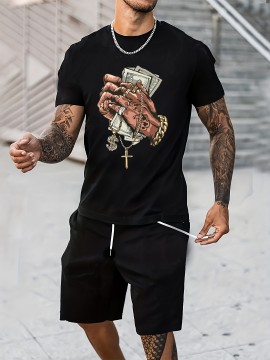 Trendy Pattern Print, Men's Graphic Design Crew Neck Active T-shirt, Casual Comfy Tees Tshirts For Summer, Men's Clothing Tops For Daily Gym Workout Running