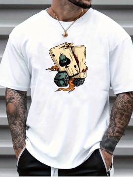 Cartoon Poker Print, Men's Graphic Design Crew Neck T-shirt, Casual Comfy Tees Tshirts For Summer, Men's Clothing Tops For Daily Vacation Resorts