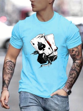 Poker Dice Print, Men's Graphic T-shirt, Casual Comfy Tees For Summer