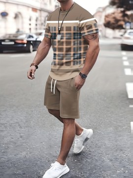 2-piece Men's Casual Summer Vacation Outfit Set, Men's Color Block Short Sleeve T-shirt & Solid Drawstring Shorts With Pockets
