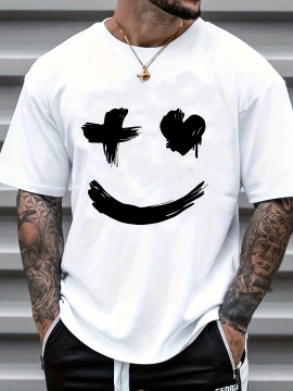 Men's Casual Trendy Smile Graphic Print Comfortable Crew Neck Short Sleeve T-shirts, Summer Top Tees