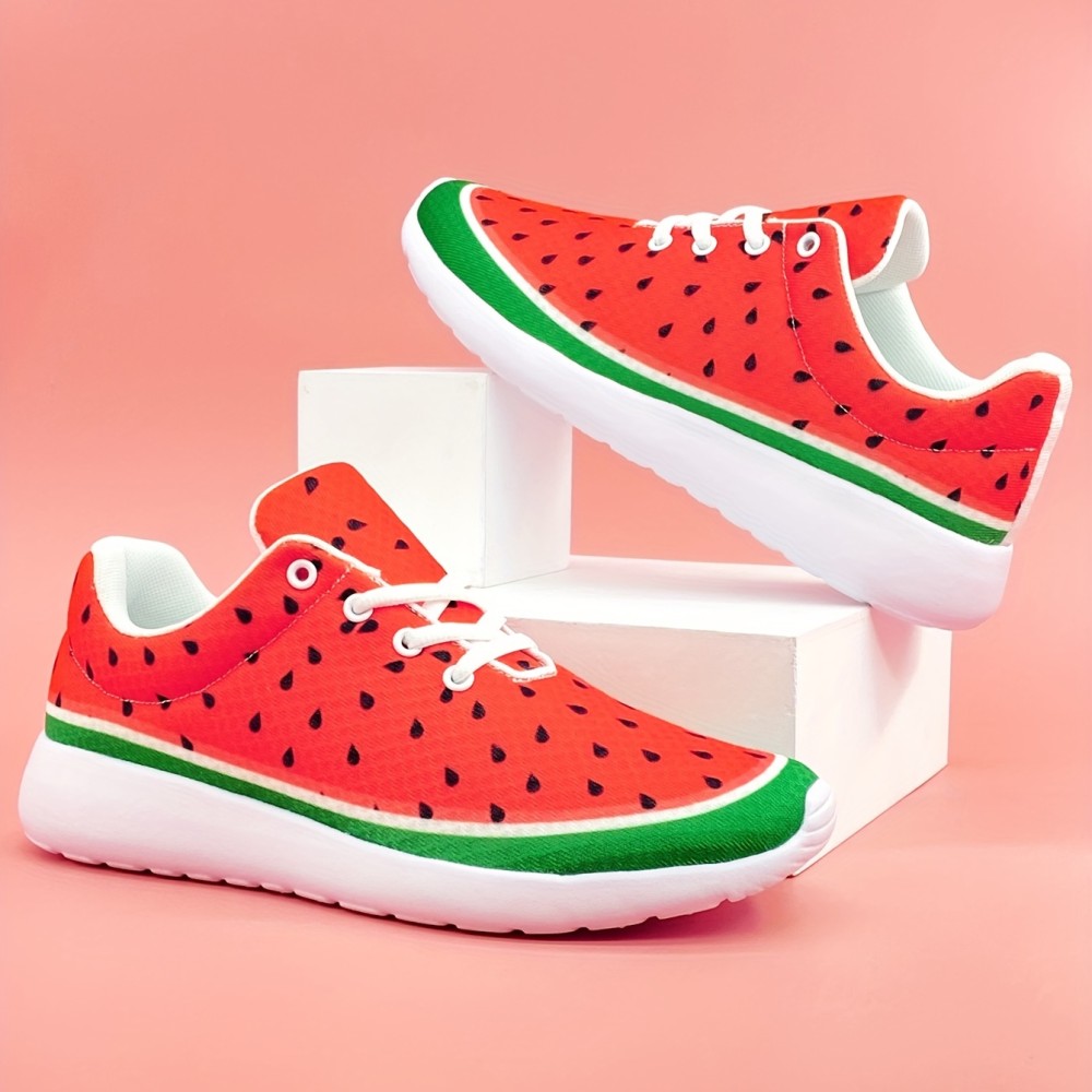 Women's Watermelon Pattern Sneakers, Casual Lace Up Outdoor Shoes, Lightweight Low Top Shoes