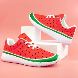 Women's Watermelon Pattern Sneakers, Casual Lace Up Outdoor Shoes, Lightweight Low Top Shoes