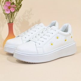 Women's Solid Color Casual Sneakers, Lace Up Soft Sole Lightweight Flat Walking Shoes, Floral Embroidered Low-top Shoes