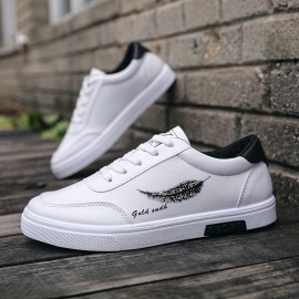 Men's Trendy Solid White Shoes With Feather Pattern, Non Slip Lace Up Low Top Sneakers, Comfy For Outdoor Casual Activities Walking Jogging Traveling